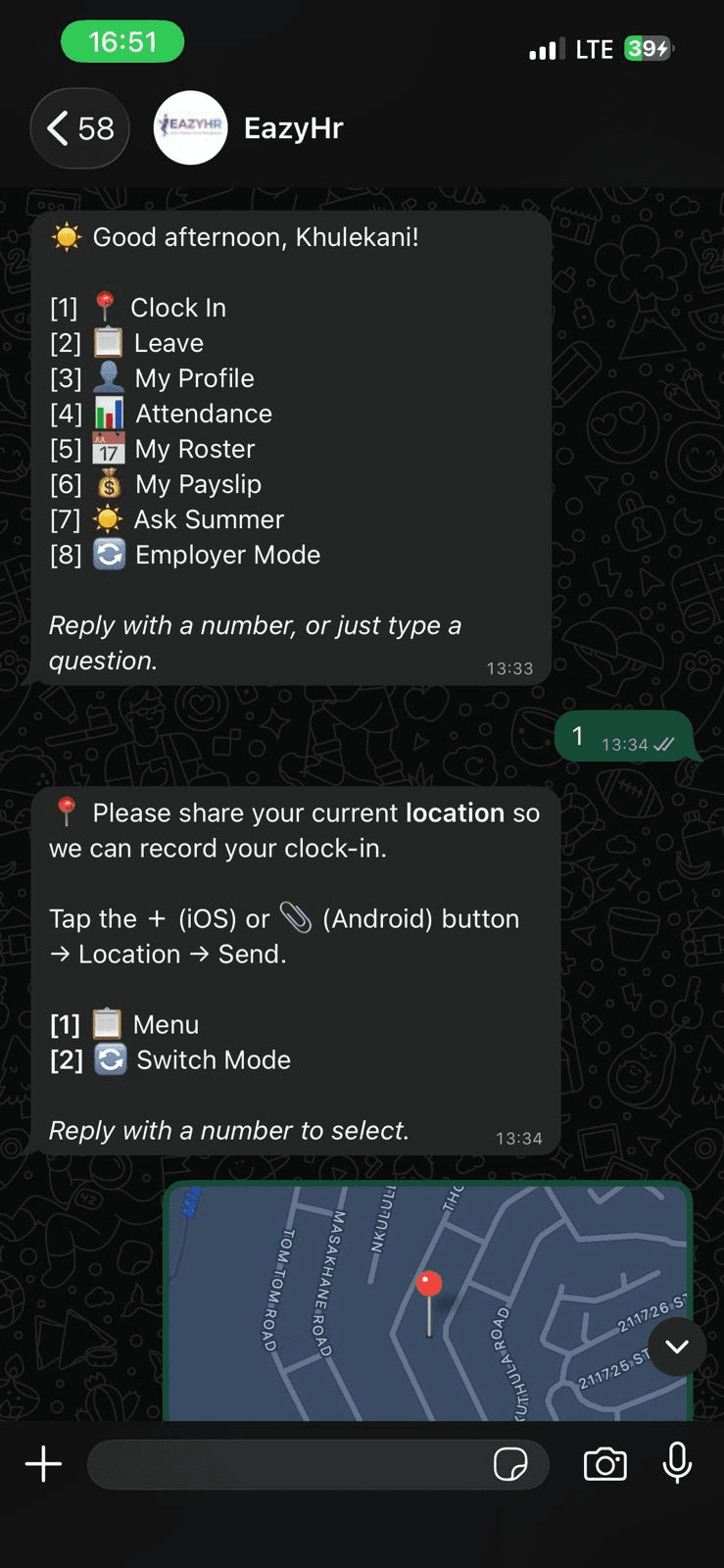 EazyHR WhatsApp menu