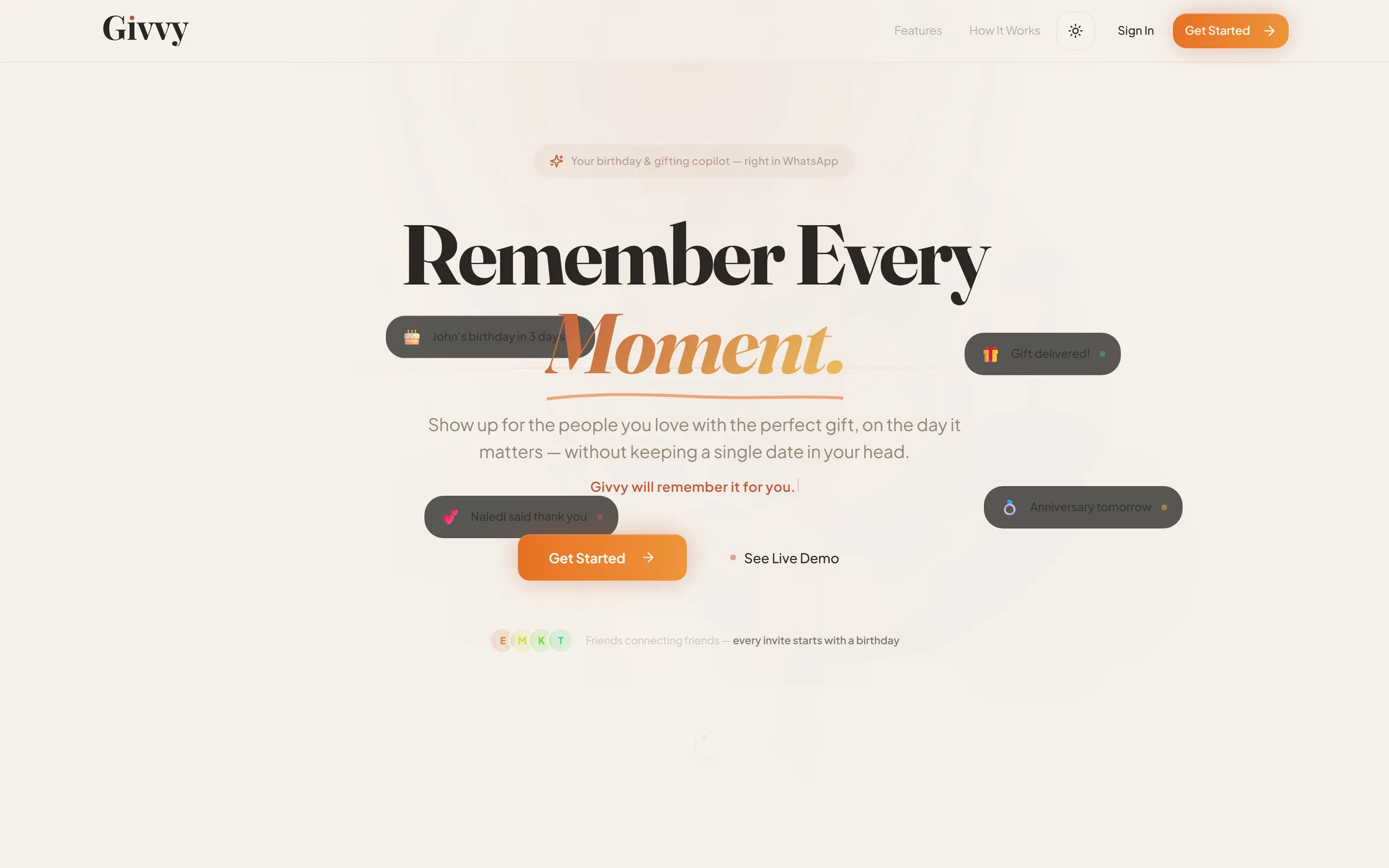 The BeGivvy home page: 'Remember Every Moment'.