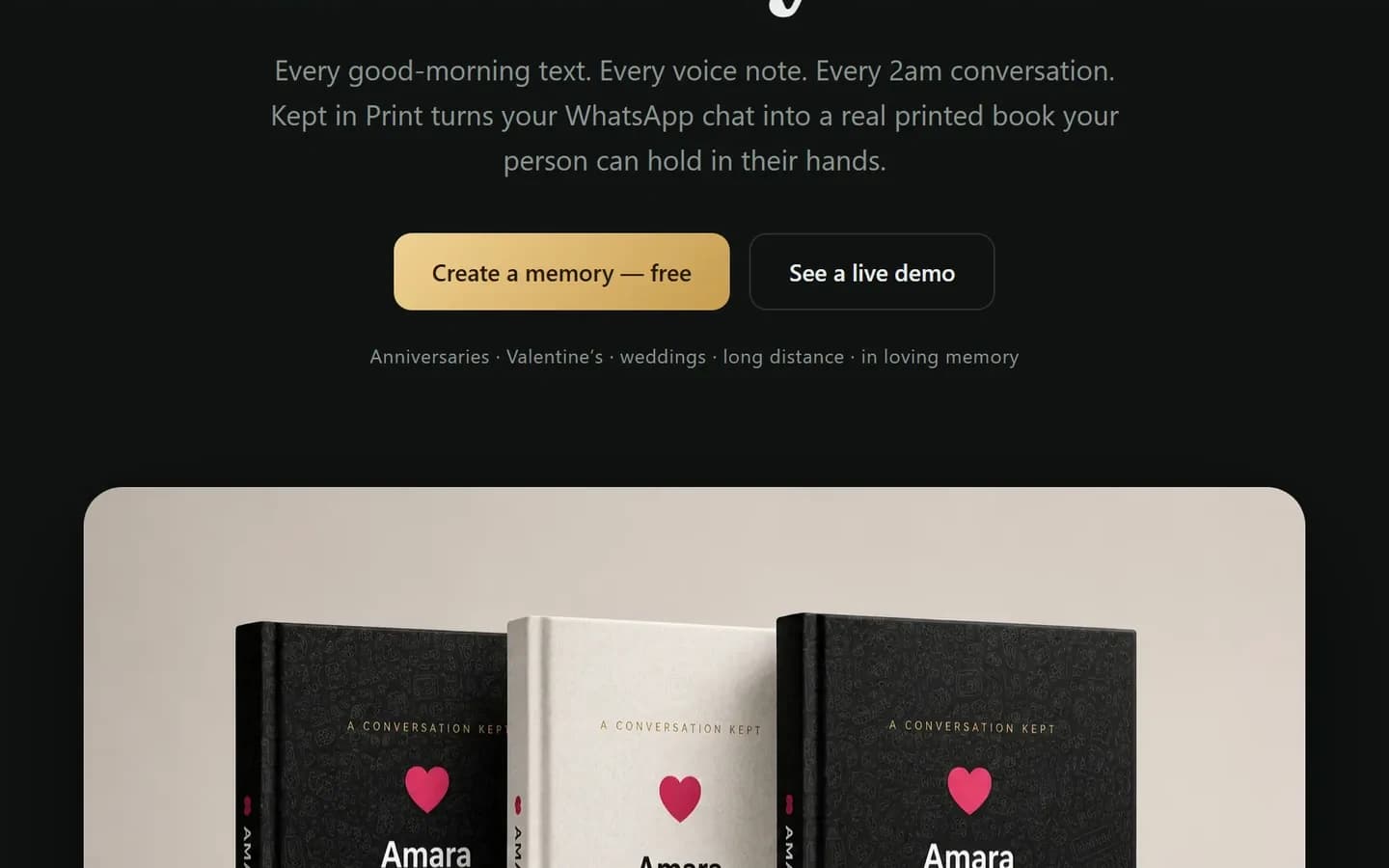 The Kept in Print home page, the books and the headline.
