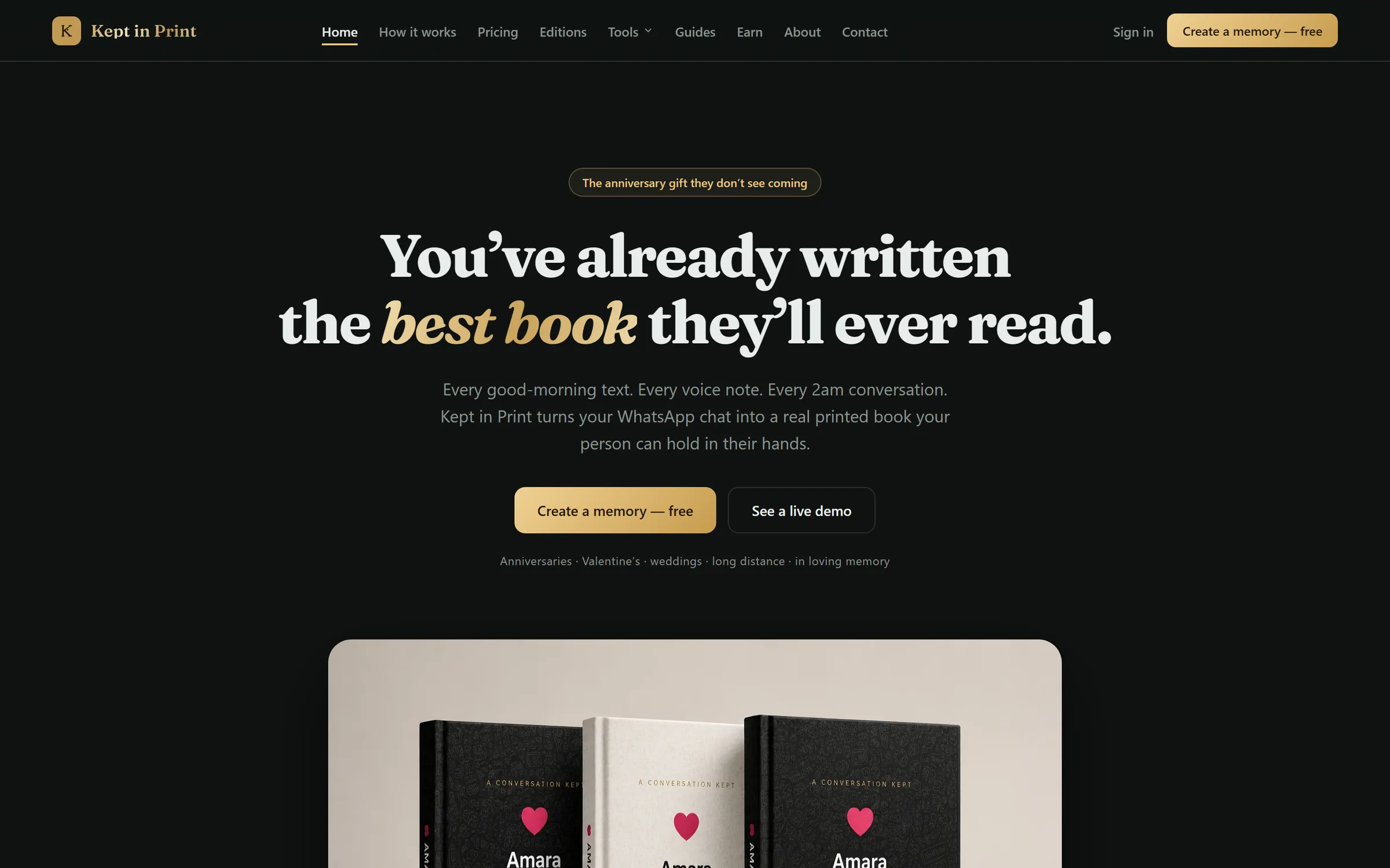 The Kept in Print landing page in its dark theme.
