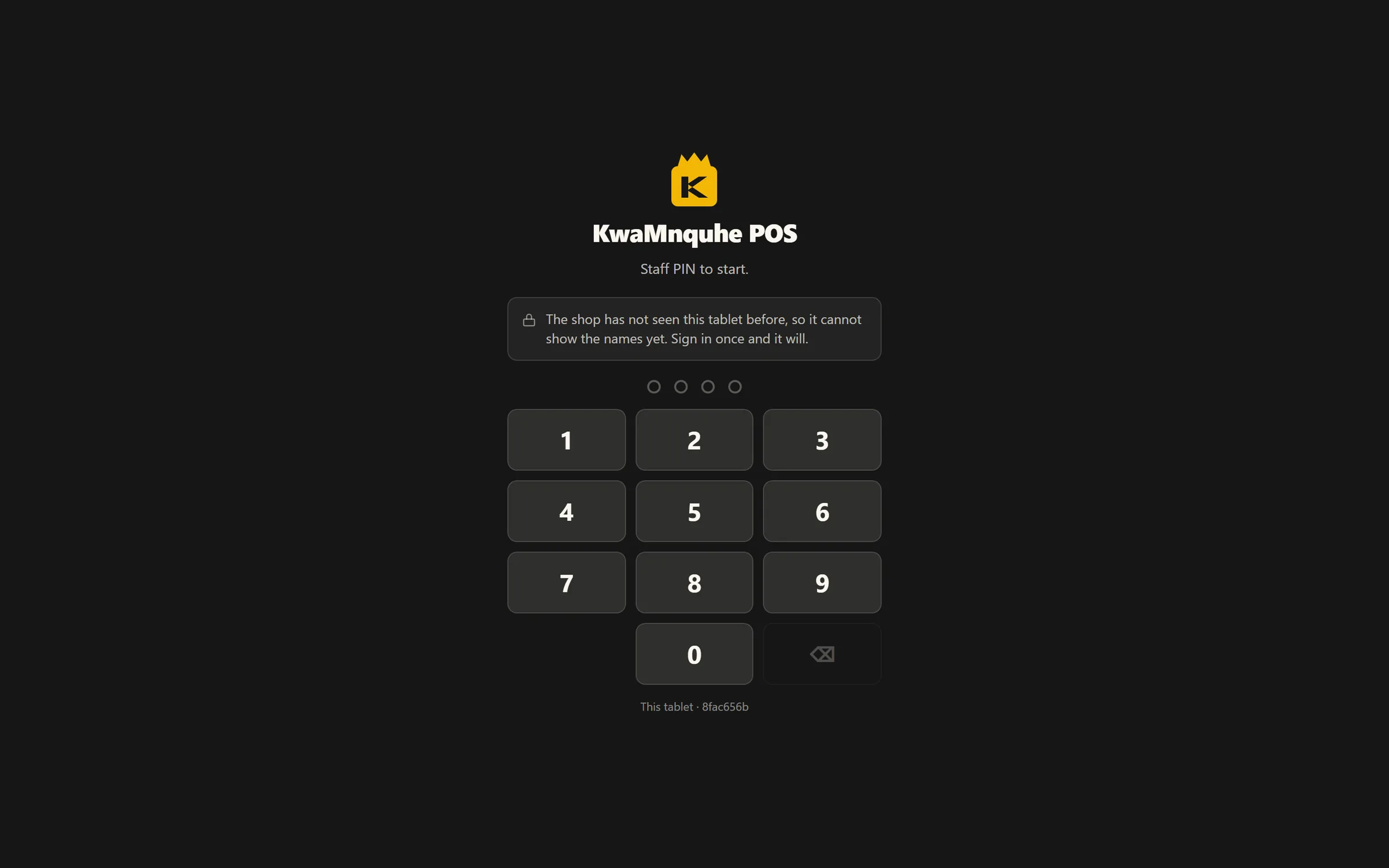 The POS staff PIN pad on the shop tablet.