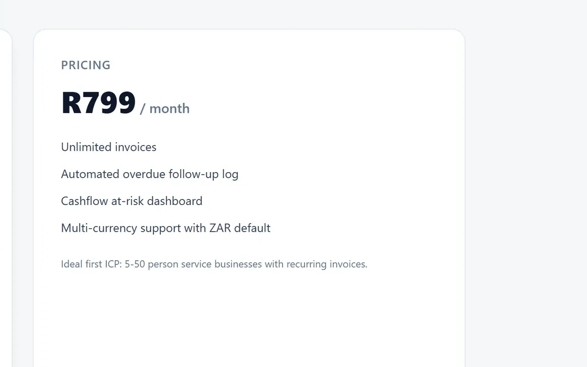 The PayPulse ZA pricing card: R799 a month, unlimited invoices, the overdue follow-up log and the cashflow-at-risk dashboard.