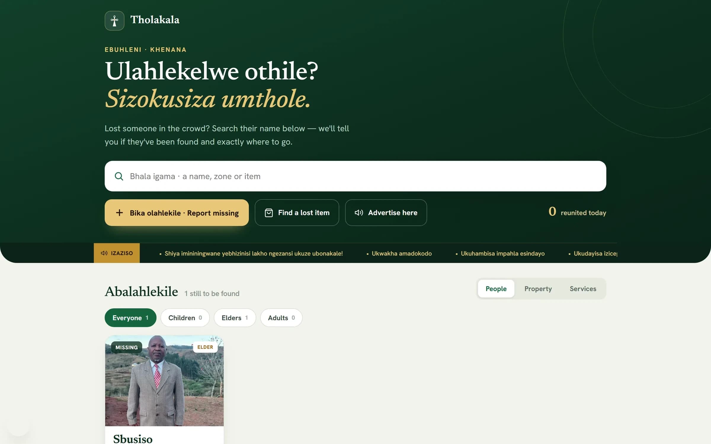 The Tholakala public page: 'Ulahlekelwe othile? Sizokusiza umthole.' with the search bar, the three actions and the Izwi notices ticker.